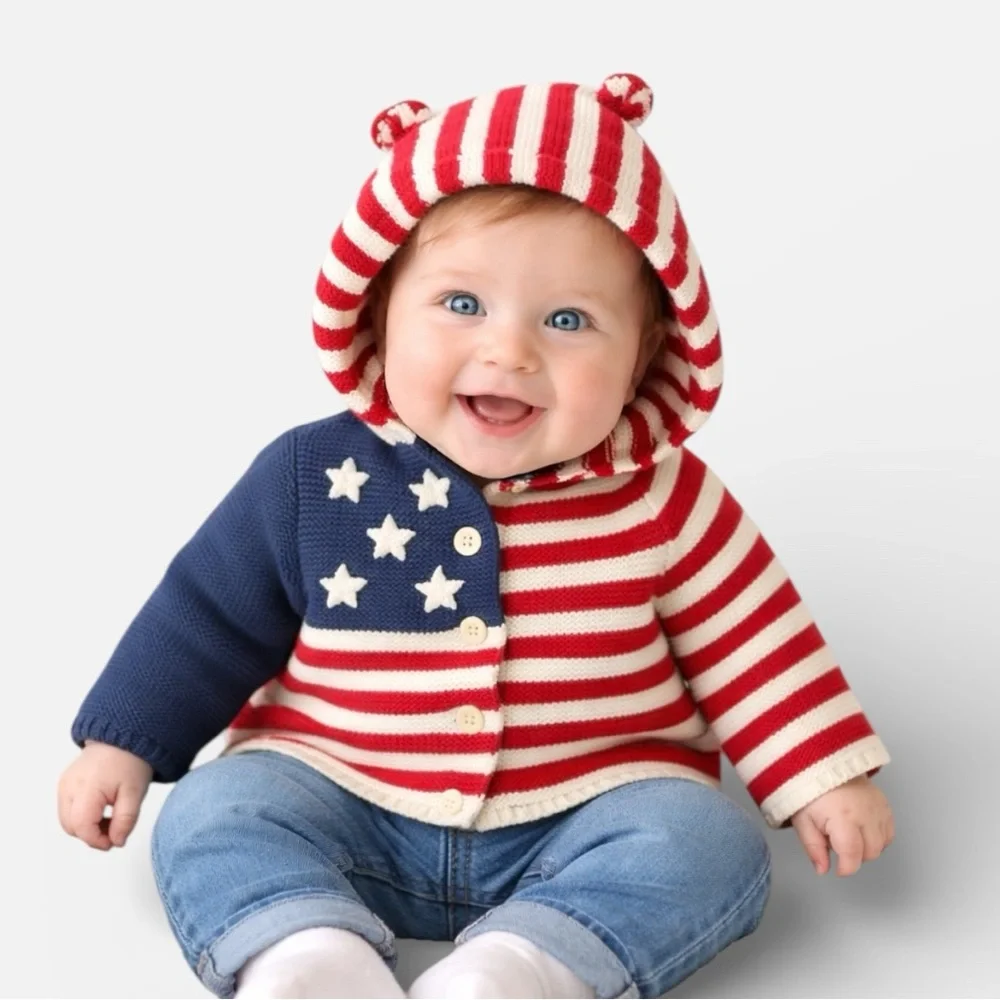 GAP Baby Red White Blue Patriotic Striped Cotton Hoodie a Knit Sweater 3-6M